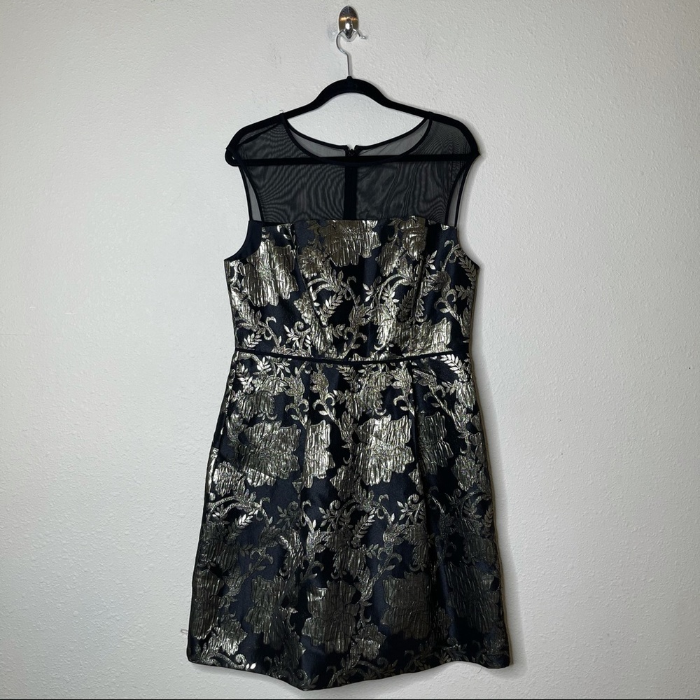 Adrianna Papell Gold Floral Mesh A Line Dress
